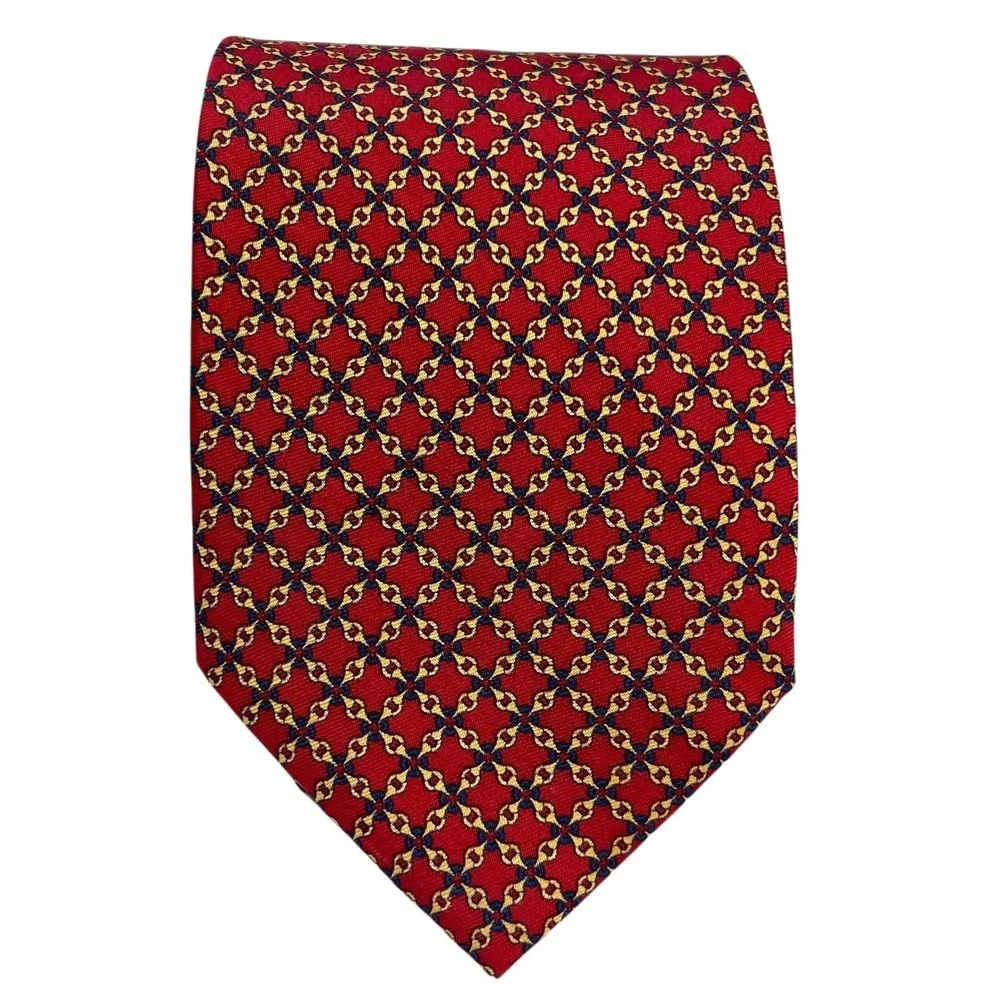 VTG Brooks Brothers Makers Silk Tie Geometric Mini Pattern Chains Red Preppy USA